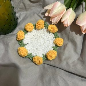 handmade crochet rose coaster | 3d flower mug rug | spring floral home decor