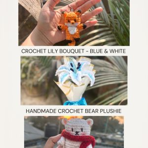 Handmade Artisanal Crochet Collection – Fox Keychain, Blue & White Lily Bouquet, & Bear Plushie