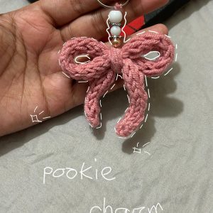 Handmade Crochet "Pookie" Ribbon Bow Keychain with Beaded Accents | Coquette Aesthetic Bag Charm