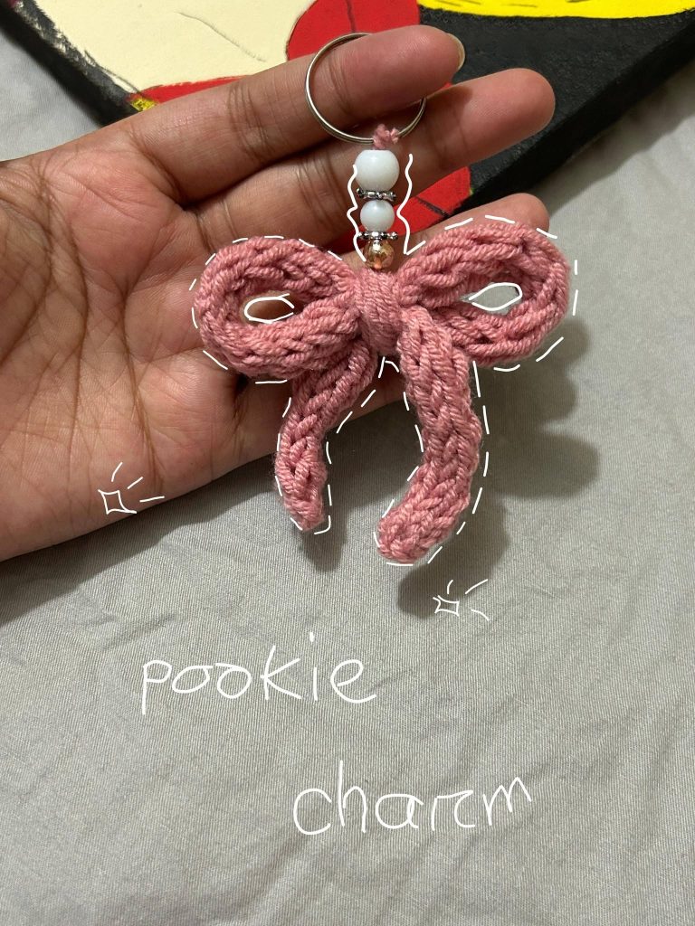 Handmade Crochet "Pookie" Ribbon Bow Keychain with Beaded Accents | Coquette Aesthetic Bag Charm
