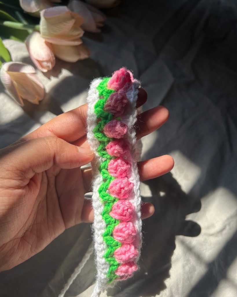 Handmade Crochet Pink Tulip Headband with Tie Straps | Cottagecore Floral Hair Band