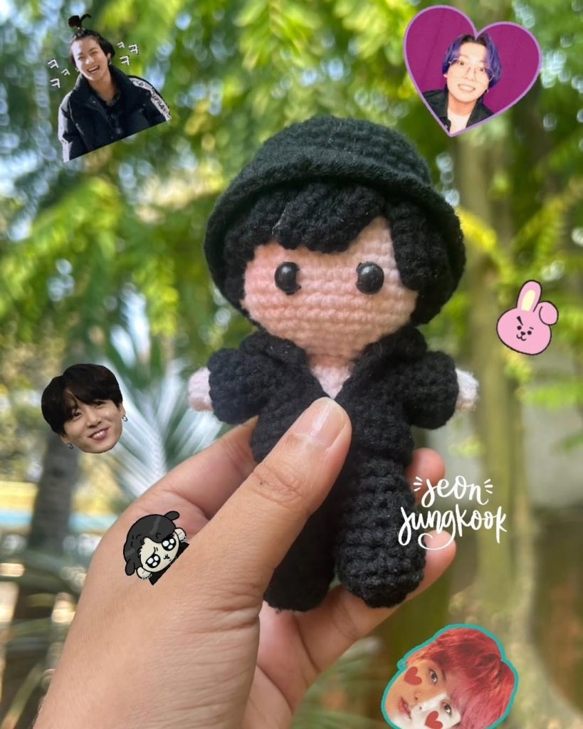 Handmade Crochet Jungkook Amigurumi Doll | K-Pop BTS Inspired Plush Figure in All-Black Outfit & Bucket Hat