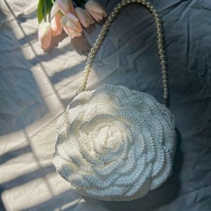 Handmade Crochet White Rose Shoulder Bag with Faux Pearl Strap
