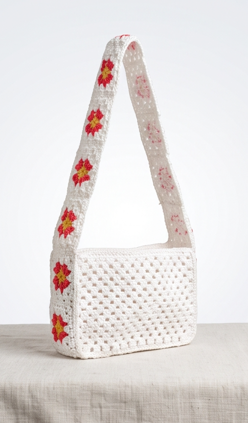 Handmade Floral Granny Square Crochet Shoulder Bag | Retro Daisy Strap Handbag