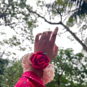 Handmade Crochet Gajra Wristlet with Blooming Red Rose | Floral Wrist Band & Hair Scrunchie