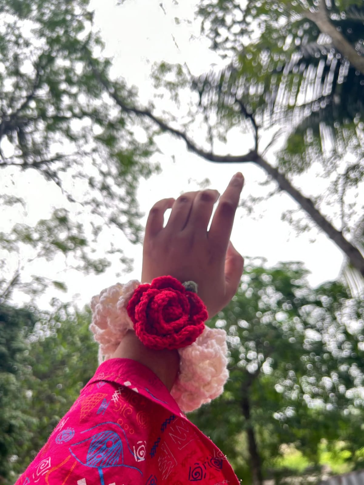 Handmade Crochet Gajra Wristlet with Blooming Red Rose | Floral Wrist Band & Hair Scrunchie