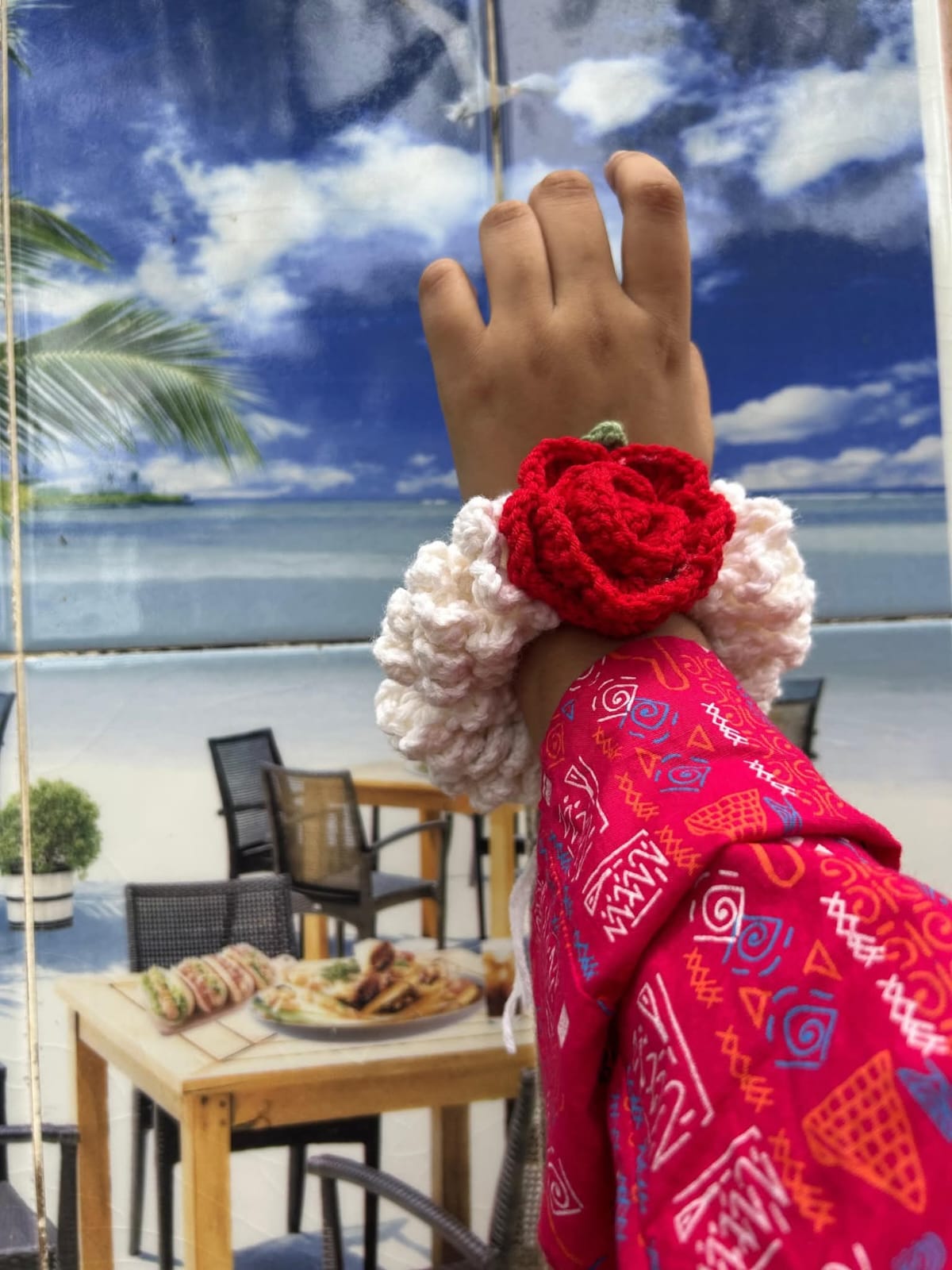 Handmade Crochet Gajra Wristlet with Blooming Red Rose | Floral Wrist Band & Hair Scrunchie - Image 4