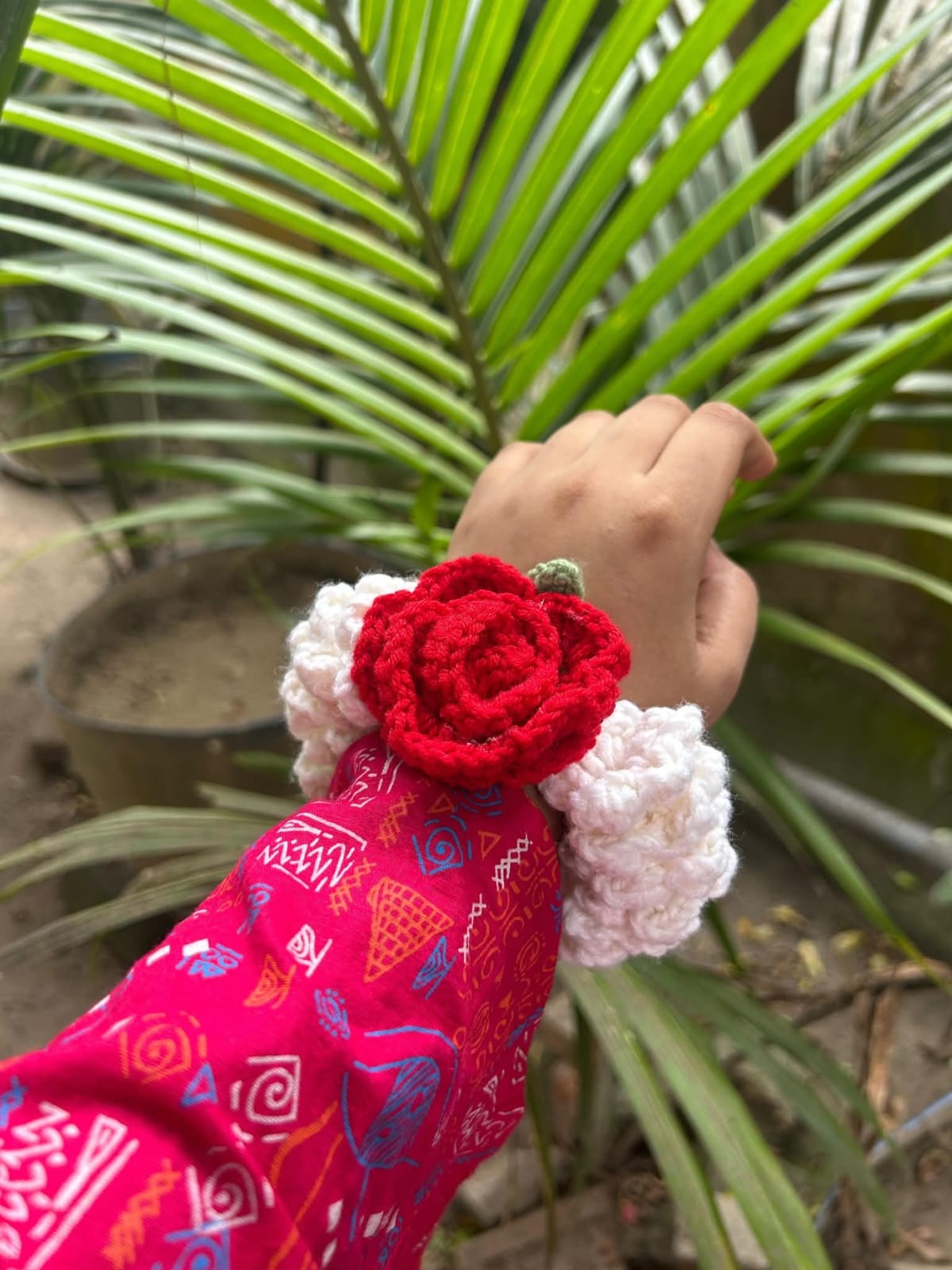 Handmade Crochet Gajra Wristlet with Blooming Red Rose | Floral Wrist Band & Hair Scrunchie - Image 3
