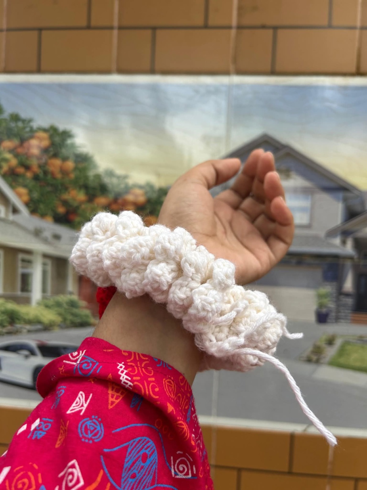 Handmade Crochet Gajra Wristlet with Blooming Red Rose | Floral Wrist Band & Hair Scrunchie - Image 2